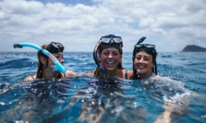 Three young men are snorkeling in the ocean during a gap year trip