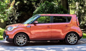 An orange Kia Soul sits on a driveway shaded by trees